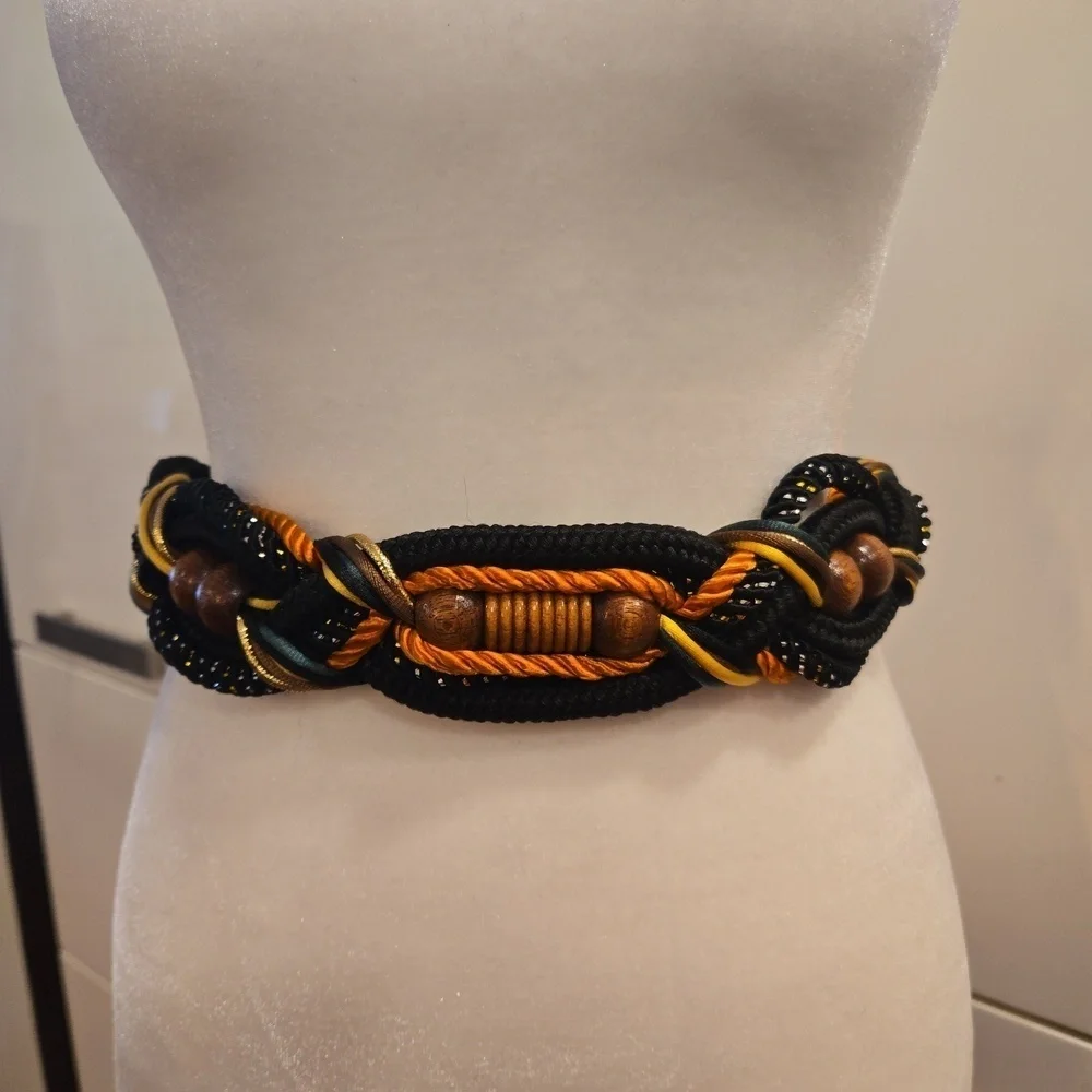 Vintage Braided Nylon Embellished Wood Accent Belt Womens Medium Large